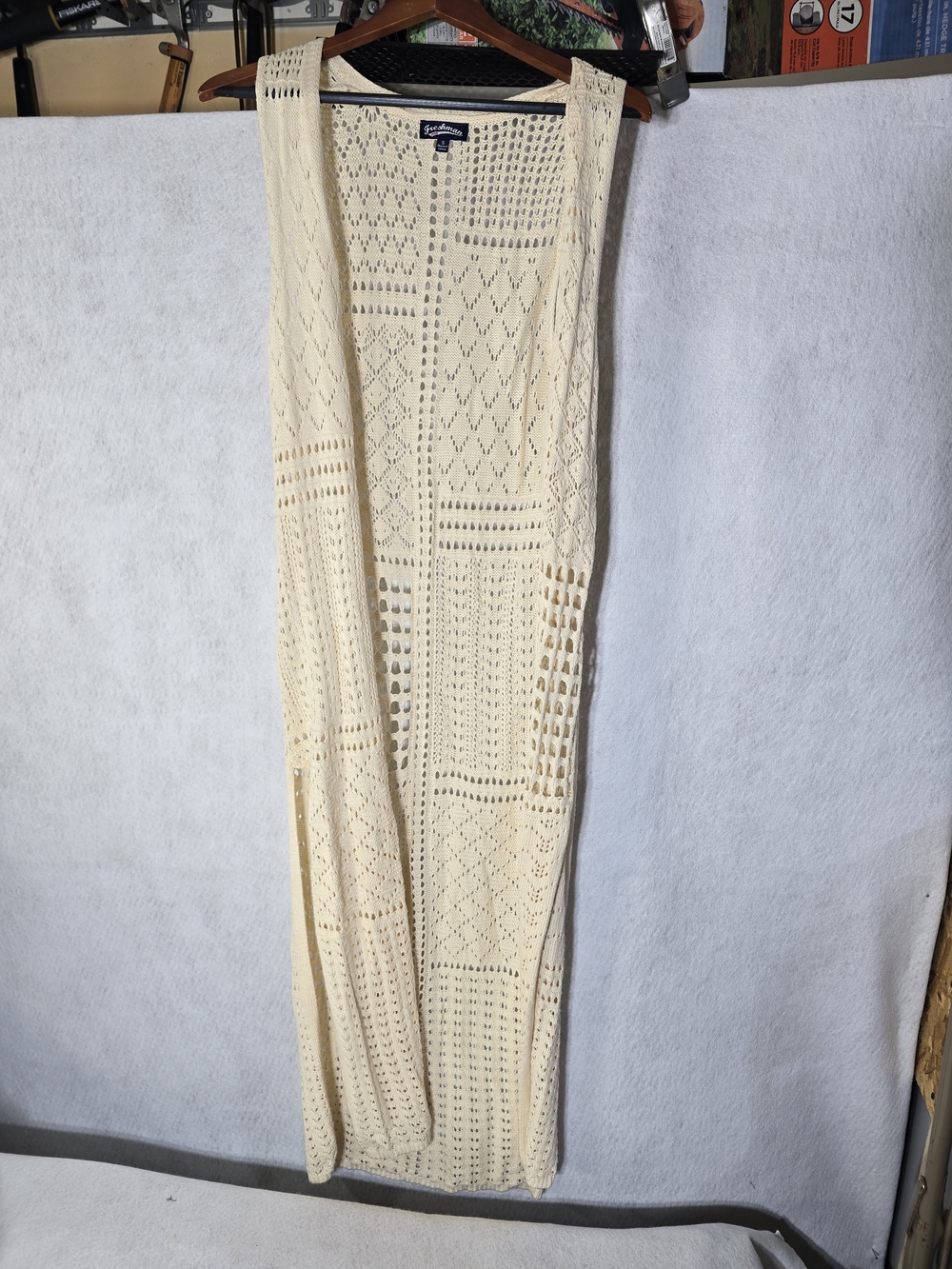 Freshman 1996 Cream Crochet Open-Front Long Vest Cardigan Size S